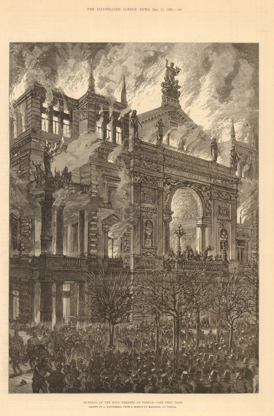 Burning of the Ring theatre at Vienna. Ringtheater. Austria 1881 old print